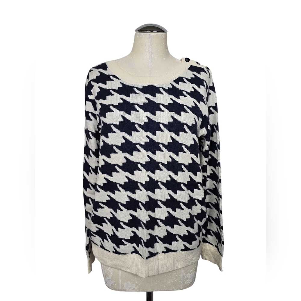 Gap Icon Houndstooth Ivory Frost Navy Blue Wool Blend Sweater XL